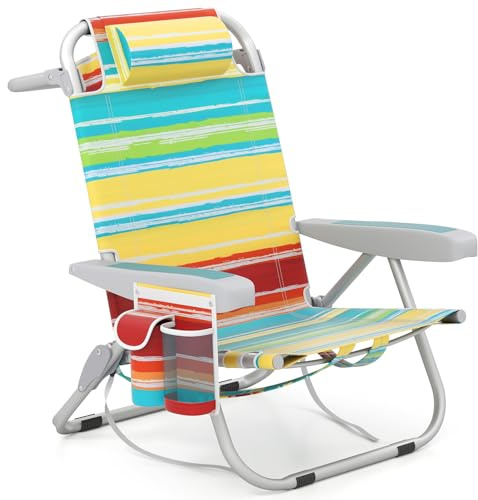 GOPLUS Silla Playa Plegable, Silla de Camping Ligera con Respaldo Ajustable en 5 Posiciones, Barra para Toallas, Portavasos, Almohada, Correas, Tumbona Exterior Reclinable, Carga 150 kg (Colores,1)