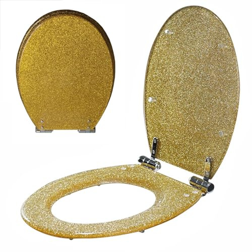 Abattant WC Ovale en résine à Paillettes dorées, 42 x 36 cm, Fermeture en Douceur, Couvercle et siège Silencieux, charnières en Acier Inoxydable réglables à 360°, Montage par Le Haut, Facile à in