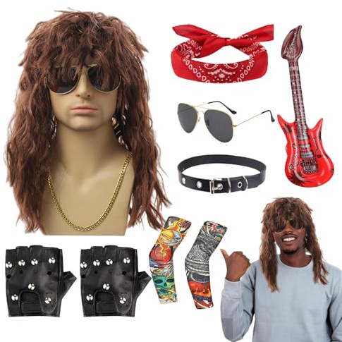 80s Rocker Costume - Metal Disco Hippie Outfit,Punk Wig Outfit Set for Men Party Holiday Stage Performance Beach Outdoor Musical Festival Halloween Events