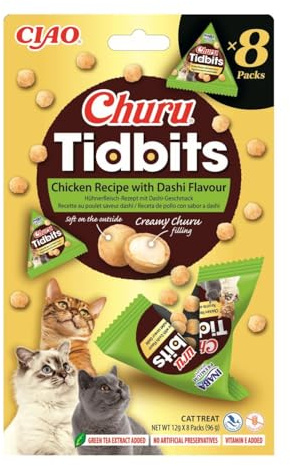 INABA Churu Tidbits Gatos - Receta Saludable de Pollo al Estilo Dashi- Snack Tierno con Relleno Cremoso - Golosina Natural, Sin Cerales, sin Conservantes ni Colorantes - 96g (8 Packs x 12g)