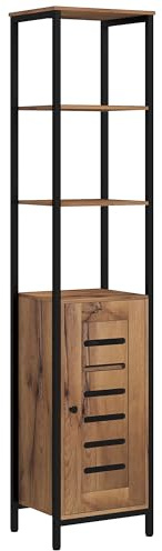 mobile bagno alto kleankin, colonna bagno stretta, con porta a doghe, ripiani regolabili, scomparti aperti, struttura in acciaio, 37x30x167 cm, marrone rustico