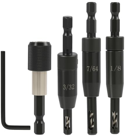 Nextpal 5 Pcs Black Self Centering Drill Bit Set, Hex Shank Hinge Center Drill Bits with 60mm Knurled Adapter, for Woodworking Cabinet Door and Furniture Making Window Hinge Installation