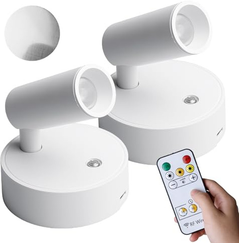 Drahtloser LED Strahler, 2 Stück USB Aufladbar Akku Spotlight mit Fernbedienung, 3 Farbtemperaturen, Bilderleuchte Kabellos, 360° Drehbare Wandlampe, Kabellose Bilderleuchte für Kunst, Pflanzen
