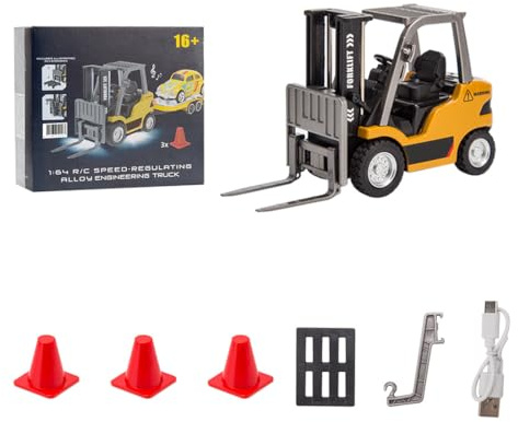 MechEdu Carrello elevatore radiocomandato in scala 1:64, mini carrello elevatore in alluminio da 2,4 GHz con controllo radio, gancio di carico, forchette e pallet, adatto per adulti collezionisti