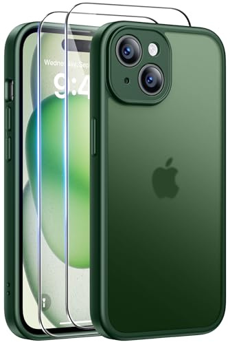 FLLAO für iPhone 15 Hülle mit 2 Stück Panzer Schutz Glas, [Vollständiger Kameraschutz] [Militärischer Schutz] Transluzente Matt Stoßfest Kratzfest Handyhülle für iPhone 15 Case, Grün