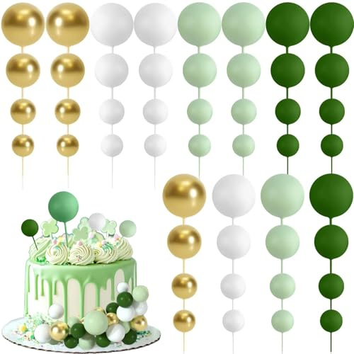 48 Pcs Ball Cake Toppers, Cake Balls Decoration Foam Balloon Cakes Topper | Mini Cake Topper Balls for Birthday Party Wedding Decorating (Green, White, Gold)