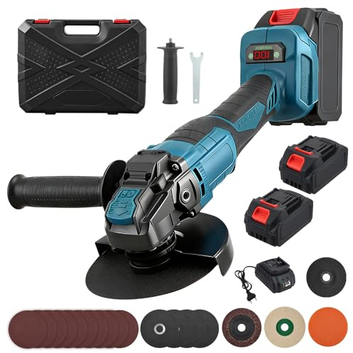 Amoladora Angular a Batería, 21V Angular inalámbrica con 2x Baterías 4000 mAh, 0-9000 RPM, 1400W Amoladora Angular Eléctrica sin Escobillas, Radial Batería para Cortar, Pulir y Amolar