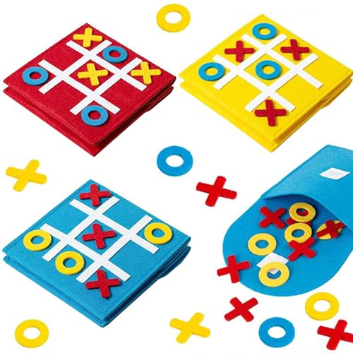 6 Stück Tic Tac Toe Filzspiel 12x12 cm, Tragbare Mini Brettspiele für Kinder, Reisespiel für Geburtstag Schule (Rot, Gelb, Blau)