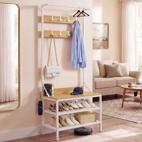YITAHOME Kleiderständer, Garderobenständer mit 9 Haken 2 Ablagen Schuhbank | Freistehende Garderobenleiste, Kleiderständer mit Schuhaufbewahrung, 2 Ablagen, Sitzbank, Holz Metall, 72x34x183 cm