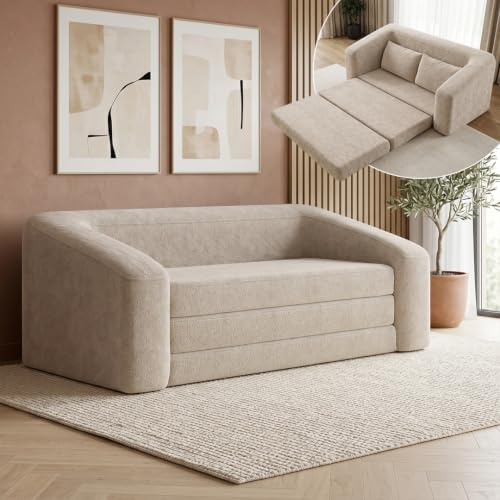 skølm Fjäll Schlafsofa 2-Sitzer 140x210 cm, Teddy-Bouclé, Beige, 2 Kissen | Klappsofa mit Schlaffunktion als Gästebett, Schlafcouch vakuumverpackt, ohne Aufbau, Wohnzimmer, ausklappbar, Relaxsofa
