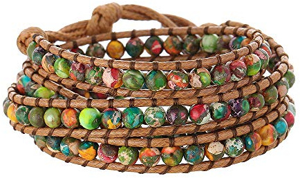 Plumiss Women Natural Imperial Jasper Beaded Vegan 3 Wrap Stackable Bracelet