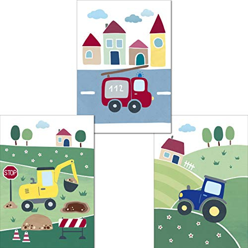 LALELU-Prints | A4 Bilder Kinderzimmer Poster | Süße Fahrzeuge | Babyzimmer Deko Junge Mädchen | 3er Set Kinderbilder (DIN A4 ohne Rahmen)