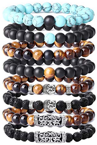 YADOCA 8 PCS 8 MM Bracelets en Pierre Volcanique et Œil De Tigre Jaune pour Hommes - Ensemble Bouddha Rock Gothique Punk Élastique