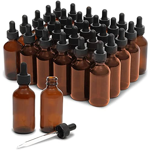 Juvale Pipettenflaschen und 6 Trichter, 30 Stück Tropfflaschen, Glasflaschen, Apothekerflaschen für Parfum, Ätherische Öle, Braunglas, Je 60 ml, 36-Teiliges Set