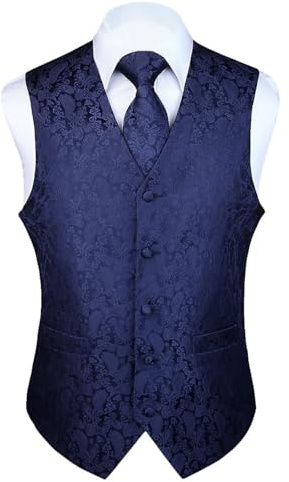 Hisdern Herrväst Paisley blommig jacquard slips ficka fyrkantig näsduk väst kostymset, Marinblå 2, 5XL