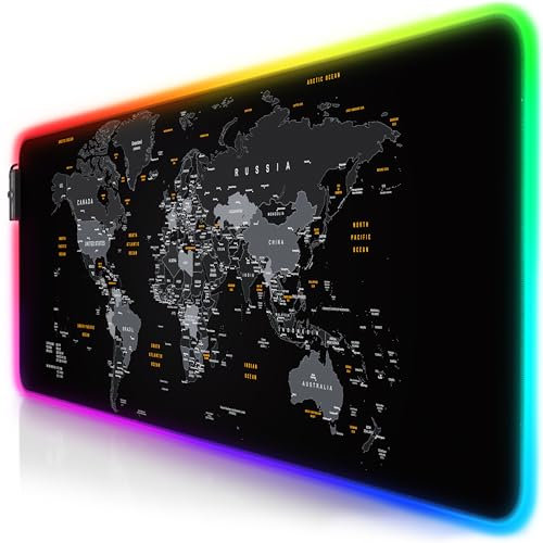 Titanwolf - RGB Gaming Mauspad - 800x300 mm - XXL Mousepad - LED Multi Color - 7 LED Farben Plus 4 Effektmodi - für Präzision und Geschwindigkeit - Gummierte Unterseite - abwaschbar - Weltkarte
