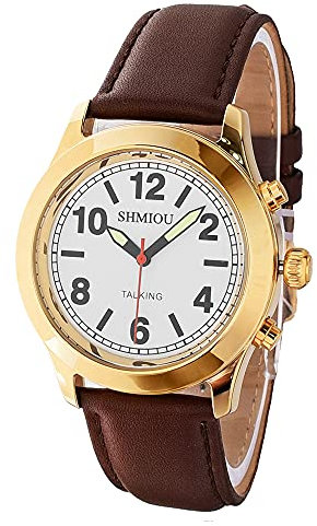 Reloj parlante dorado banda de piel marrón francés unisex para ancianos ciegos con deficiencias visuales, pulsera analógica con voz y despertador parlante fecha.