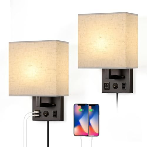 Vrisa Wall Sconces Wall Lamps for Bedrooms Set of 2 Plug in Bedside Lights Wall Mounted with USB Ports Outlet Wall Light Fixtures for Bedroom Living Room Black (2 Bulbs Included)