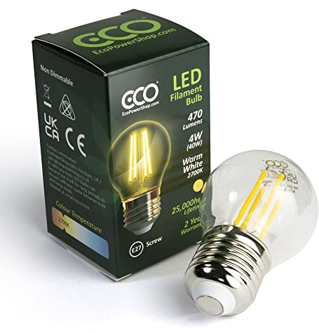 ECO 40W Vintage LED Golf Ball Bulb, Low Energy 4W LED Filaments, 470 Lumen, Clear Glass, Warm White (2700K), E27 Large Edison Screw Fitting, G45 Golf Ball Size, 25000Hrs Lifetime