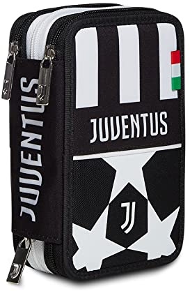 Astuccio 3 Zip Juventus, golden fighter, Bianco e Nero, Completo di Matite, Pennarelli etc, Scuola & Tempo Libero
