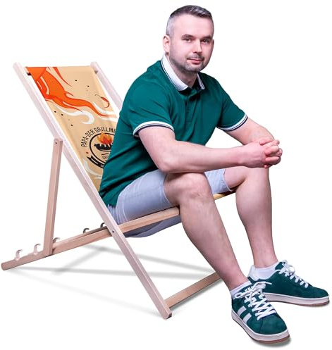 DreamRoots Vatertagsgeschenk Liegestuhl Holz klappbar, mit Spruch | Vatertagsgeschenk, Klappliegestuhl Holz Buchenholz, bis 130 kg, verstellbar, waschbarer Bezug, für Garten & Terrasse
