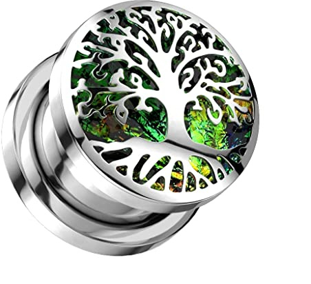 beyoutifulthings Ohr-Tunnel Silber Lebens-baum Opal-Glitzer Grün Chirurgenstahl Ohr-Piercing Ohr-Schmuck Plug Screw Fit Schraub-Verschluss 8-16mm