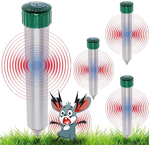 4 Pack Sonic Mole Chaser - Battery Operated Pest Repeller Stake, Scares Away Moles, Voles, Gophers and Rats by Reusable Revolution (Metal & Green)