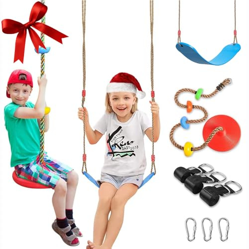 2 Pack Swing Seats with Tree Climbing Rope, Multicolor Swings with Platforms - Outdoor Toys for Kids&Adults- Playground Backyard Swingset Accessories with 5Ft Strap and Snap Hook (Red&Blue Upgrade)