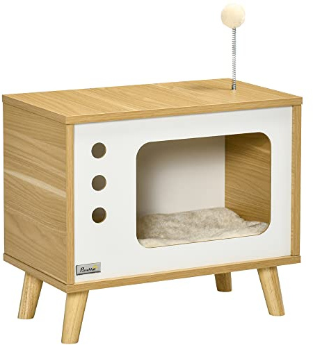 Pawhut Cama Cueva de Gatos Estilo Televisor con Cojín 50x28x43 cm Roble