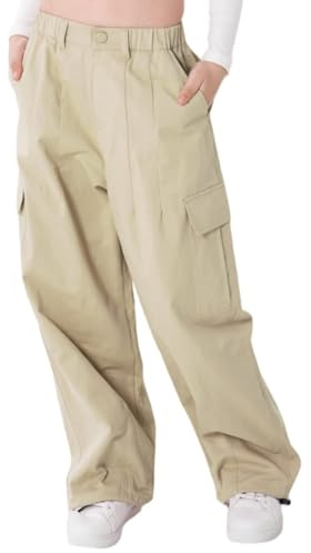 Rolanko Pantaloni Cargo da Ragazza, Pantaloni Larghi in Cotone con Vita Elasticizzata e Tasche Multiple per Bambini di 6-15 Anni, Beige, Taglia: 150