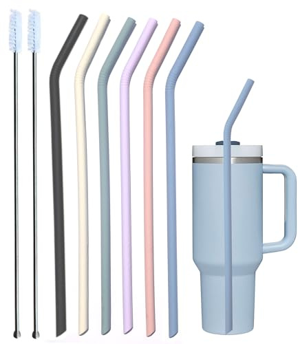 Tegion Pastel Color 14” Extra Long Silicone Replacement Straw for 40 oz Stanley Cup, Reusable Flexible Tall Giant Big Drinking Straw for Quencher Tumbler,1Gallon/64 oz Water Bottle,Hydro Jug-6 pack