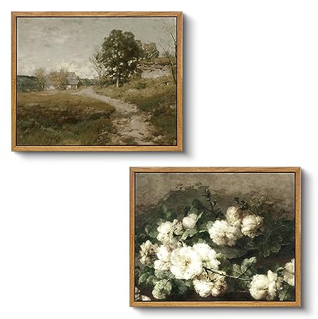 VIYYIEA 2 Pcs Vintage Framed Wall Art, Country Road and White Flower Painting Decor Aesthetic, Small Canvas Print Artwork, Farmhouse Landscape Wall Pictures for Bedroom Barthroom, 9x11 Inch,Set of 2