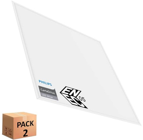 Pack Panel LED 60x60 cm 40W, 2 unidades para Falso Techo, Driver Philips CertaDrive, UGR19, Paneles de Gran Luminosidad 4380 lúmenes, No Flick, Marco Blanco, Driver Incluido (Luz Natural (4000K))