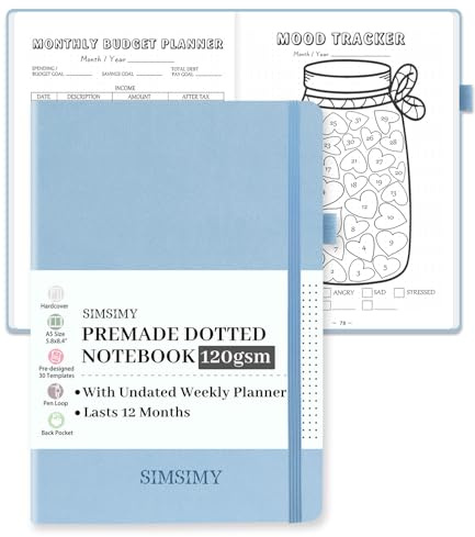 SIMSIMY Premade Dotted Journal Notebook with Bullet Templates, Pre-made Dot Grid Journaling with Undated Weekly & Monthly Planner, Various Trackers, Lasts 1 Year, A5