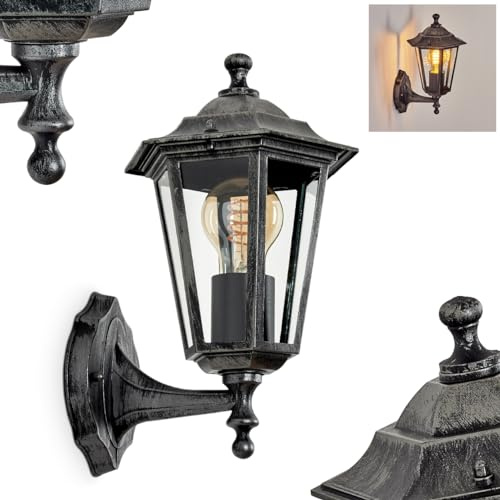 HOFSTEIN Außenwandleuchte Loria, Außenwandlampe aus Metall/Glas in Schwarz-Silber/Klar, Wandleuchte Up im Retro/Vintage/Landhaus-Design, E27, IP44, Eingangsbereich, Terrasse, Haustür, Hof