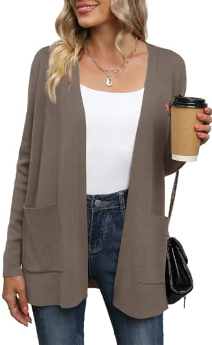 Yommay Cárdigan para mujer, elegante, holgado, informal, ligero, otoño, manga larga, suéter con bolsillos, marrón, L