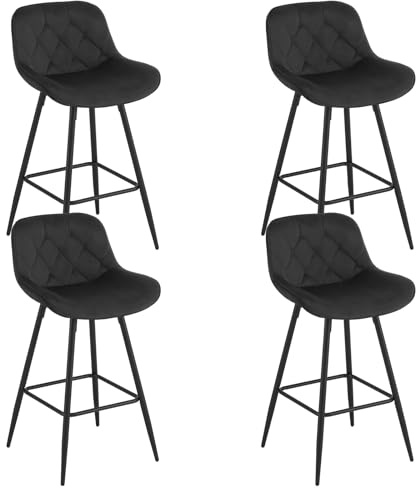 EUGAD Barstol set om 4, barstolar i sammet med ryggstöd, ergonomisk bistrostol, stoppad pall med sammetsöverdrag, pall för bar köksö bistro, med metallben, fotstöd, svart, 1068BY-4