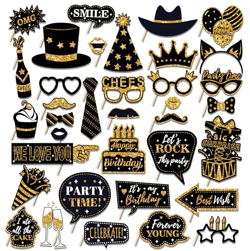 36 PCS Birthday Photo Booth Props Party Supplies Holiday Picture Decorations Photo Booth Props for Birthday Party Favors Pose Sign Kit Fun for Party (Black and Gold)