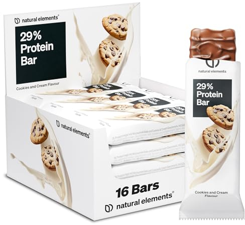 natural elements Proteinriegel Cookies & Cream – Low Sugar Eiweißriegel – 13g Protein und 164kcal pro Riegel – 16x45g, vegetarisch, ohne Palmöl, – in Deutschland laborgeprüft