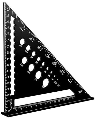 WHENZOO Carpenters Speed Square 7 Inch, Metric Square, Metal Professional Triangle Tool, Protractor With 14 Drilling Types for Engineers Carpentry Designers DIY (Black)