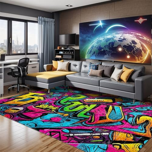 bamyum Funny Gaming Teppich 120x180 – Teppich Jugendzimmer Jungen, Teenager Zimmer, Graffiti Design, Chenille Waschbar & rutschfest