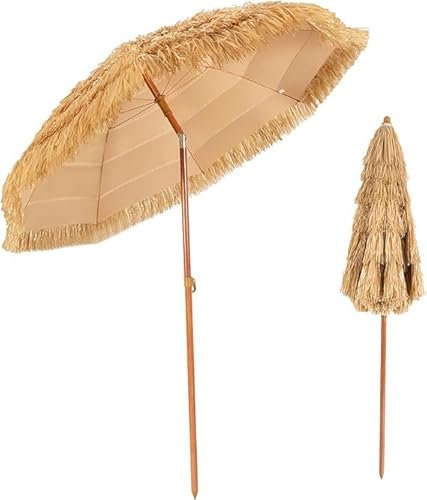 COSTWAY Parasol de Plage Inclinable de Paille 2M Fixation pour Sable Toit De Chaume Style Hawaïen 2 Parties Démontables pour Plage Cour et Piscine, Naturel, 175 x 206 cm (Φ x H)