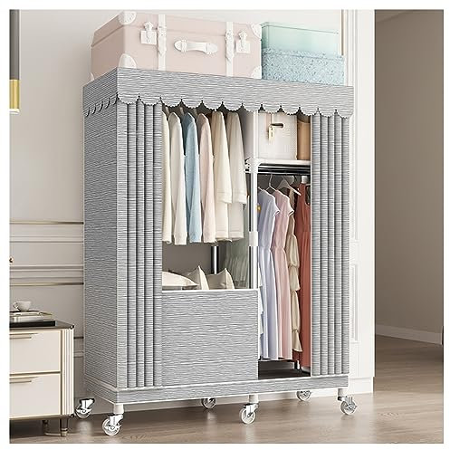 Rollbarer Kleiderschrank aus Metall, Kleiderständer mit Rollen, Kleiderständer mit Regal und Stange zum Aufhängen von Kleidung, Hemden, Jeans und Mänteln (Farbe: Grau A, Größe: 102 x 45 x 17