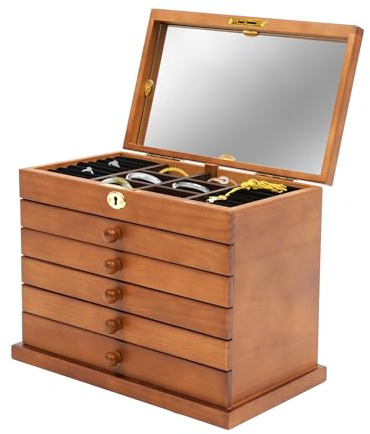 WooDerson Schmuckkoffer Mit Schloss, 5 Schubladen, Holz Schmuckbox Mit Spiegel, Geschnitztes Design, Innenfutter Samtstoff, Braun Schmuckkasten Für Halsketten Armbändern Broschen