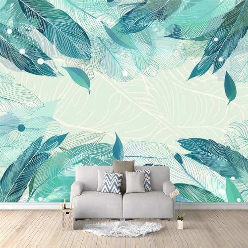 Türkis, Blaugrün Fototapete 150 x 105 cm Wandtapete für Schlafzimmer - Vlies Tapeten mit UV-Beständigkeit und Geruchsfreiheit - Wandbild mit Schöner Hintergrund Mit Federn Und Blättern