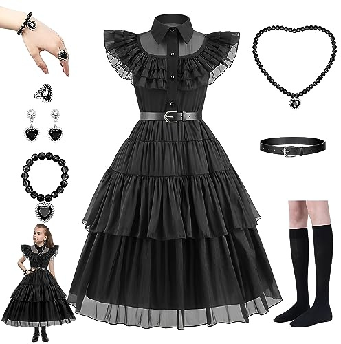 Hengrongshen Deguisement Mercredi Enfant Fille, Costume de Robe Mercredi Fille, Deguisement Mercredi Adams Enfant pour Deguisement Halloween Fille Cosplay Mercredi, Deguisement Mercredi Fille