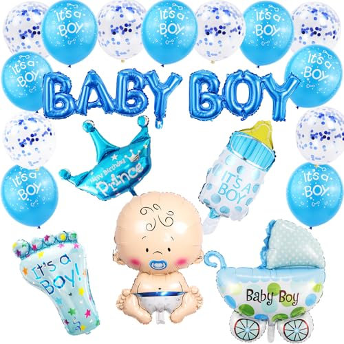 KOBOKO Babyshowerparty Deko Junge, 27 Stück Babyparty Deko Junge Luftballons Blau Set, Its a Boy Luftballon Blau, Baby Boy Folienballon Baby Shower Deko, Deko Babyparty Jungen Ballons Taufe Deko