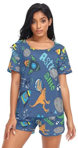 HMZXZ Damen Schlafanzug-Set Universum Dinosaurier Stern Sommer Pyjama Woman Set,Tier Dino Loungewear und Shorts Lounge Set Sleepwear Nachtwäsche