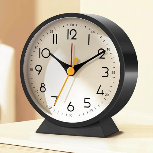 Azyh Analog Alarm Clock with No Tick, Small Retro Desk Battery Operated, Table Clock for Living Room Decor, Bedroom, Bedside, for Kids(Black)