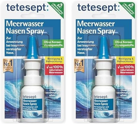 tetesept Meerwasser Nasen Spray – Nasenspray zur Reinigung der verstopften & natürlichen Befeuchtung trockener Nasenschleimhäute – Nasenpflegespray bei Erkältung - 1 x 20 ml (2er Pack)